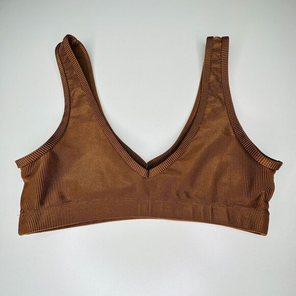 Weworewhat Brown V-Neck Form Fitting Stretch Pullover Ribbed Sports Bra Medium - Picture 5 of 13